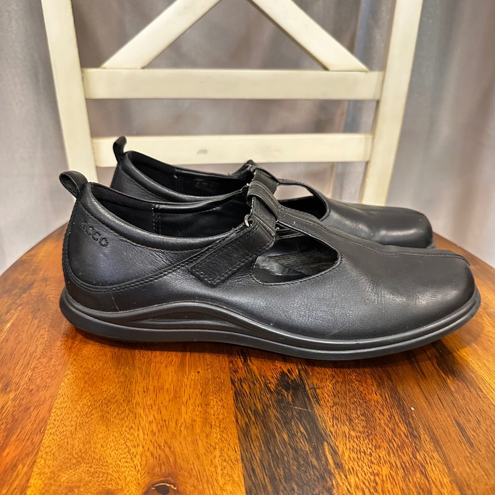 ECCO Mary Jane Flats Womens 42 Black Leather T-Strap Comfort‎ Walking Shoes - Picture 3 of 12